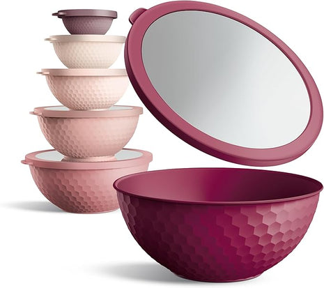 COOK WITH COLOR Mixing Bowls with Lids - 12 Piece Plastic Nesting Bowls Set includes 6 Prep Bowls and 6 Lids, Non Slip Bottom and Embossed Design - Microwave Safe (Rose)