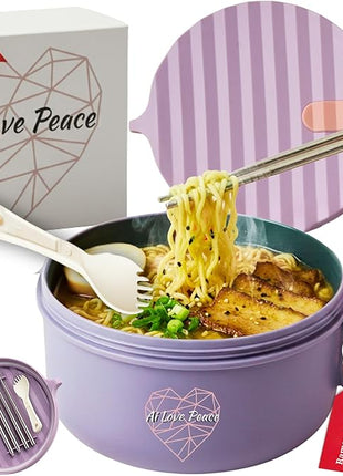 AI LOVE PEACE Ramen Bowl, 40 oz Microwaveable Noodle Cooker for Ramen, Pho, Soup, and Pasta, Dishwasher Safe and Portable, Ideal for Home, Office, Dorm, or Gift (Purple)