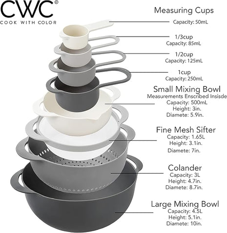 COOK WITH COLOR Nesting Bowls with Measuring Cups Colander and Sifter Set - Includes Mixing Bowls, Colander, Sifter and Measuring Cups, Gray, 8 Pc Bowl