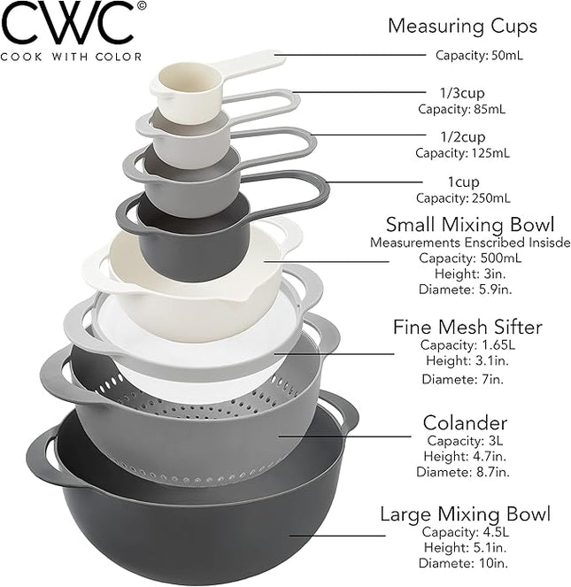 COOK WITH COLOR Nesting Bowls with Measuring Cups Colander and Sifter Set - Includes Mixing Bowls, Colander, Sifter and Measuring Cups, Gray, 8 Pc Bowl