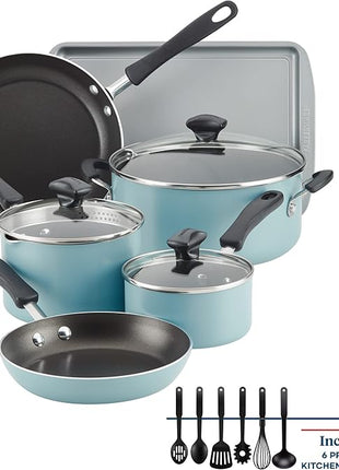 Farberware Cookstart DiamondMax Nonstick Cookware/Pots and Pans Set, Dishwasher Safe, Includes Baking Pan and Cooking Tools, 15 Piece - Aqua