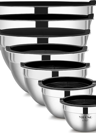 YIHONG 7 Piece Metal Mixing Bowls with Lids for Kitchen, Stainless Steel Set Ideal for Baking, Prepping, Cooking and Serving Food, Nesting Design for Space Saving Storage(Black)