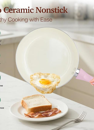 Pots and Pans Set Non Stick, Pink Ceramic Cookware Set, 11-Piece Induction Cookware, Non Toxic Healthy Kitchen Cooking Set, Gold Knobs Lids, Stay-Cool Handles