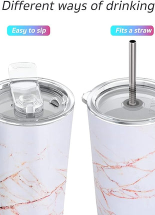 THILY Stainless Steel Vacuum Insulated Tumbler Travel Mug 26 oz Coffee Cup with 2 Lids and Straws, Splash Proof, Keep Ice Drinks Cold, Gold Marble