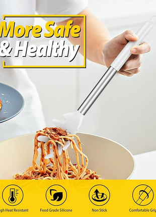 Silicone Pasta Fork and Ladle Spoon Set, Large Non Stick Kitchen Utensils for Cooking,Stirring,Serving Spaghetti, Soup, Sauce (WHITE)