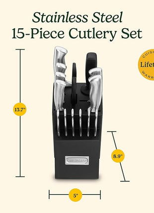 Cuisinart Stainless Steel Hollow Handle 15-Piece Cutlery Block Set, Kitchen Knife Set with Steel Blades for Precise Cutting, Durable Knives with Ergonomic Handles, C77SS-15PK