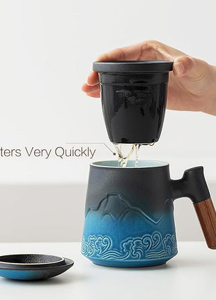 ZENS Tea Cup with Infuser and Lid for Loose Leaf Steeping, 16.9oz Embossed Ceramic Tea Infuser Mug, Wood Handle Tea Diffuser, Great Gift