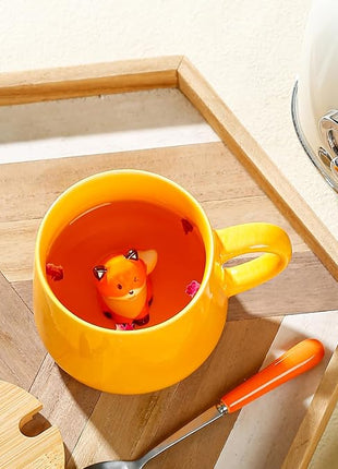 BigNoseDeer Kawaii Fox Mug Cute Mugs with 3D Fox Inside Ceramic Coffee Mug with Lid and Spoon Cute Stuff Birthday Gifts Cute Gifts For Women 13.5oz