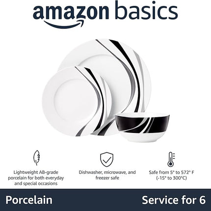 Amazon Basics Dinnerware Set, Microwave and Dishwasher Safe, Service for 6, 18-Piece Complete Kitchen, Plates, Dishes, Bowls, Swirl