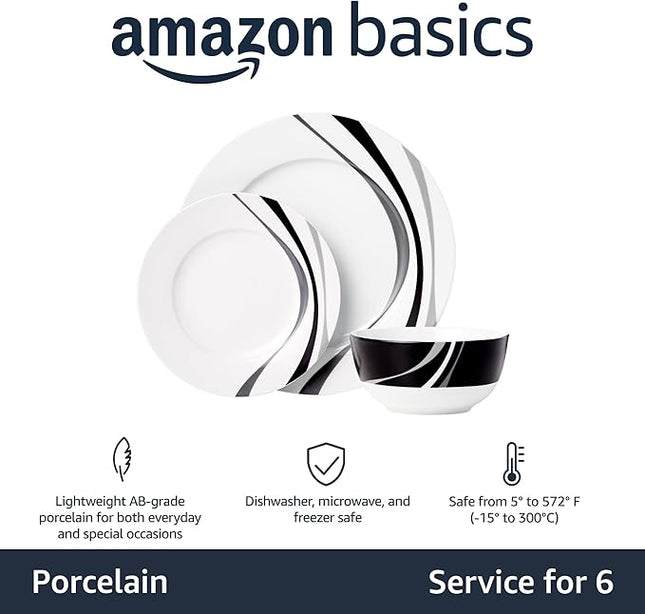 Amazon Basics Dinnerware Set, Microwave and Dishwasher Safe, Service for 6, 18-Piece Complete Kitchen, Plates, Dishes, Bowls, Swirl