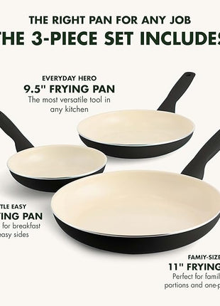 GreenPan Rio Hard Anodized Healthy Ceramic Nonstick, 7" 9.5" and 11" 3 Piece Frying Pan Skillet Set, Soft Grip Handle, PFAS-Free, Dishwasher Safe, Oven Safe, Black