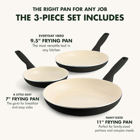 GreenPan Rio Hard Anodized Healthy Ceramic Nonstick, 7" 9.5" and 11" 3 Piece Frying Pan Skillet Set, Soft Grip Handle, PFAS-Free, Dishwasher Safe, Oven Safe, Black