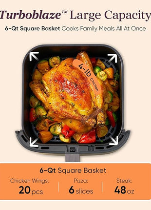 Cosori 9-in-1 TurboBlaze Air Fryer 6 Qt, Premium Ceramic Coating, 90°–450°F, Precise Heating for Even Results, Air Fry, Roast, Bake, Broil, Dry, Frozen, Proof, Reheat, Keep Warm, 120V, Dark Gray