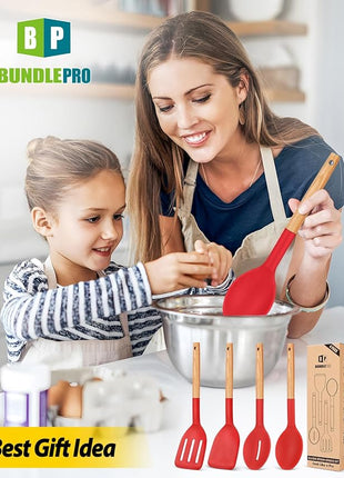Pack of 4 Silicone Cooking Utensils Set, Non Stick Solid Spatulas and Heat Resistant Slotted Spoons with Wooden Handle, Ideal Wood Kitchen Utensils Set for Frying,Serving,Turning,Stirring (RED)