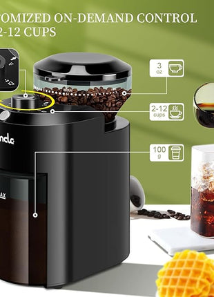 Wancle Electric Burr Coffee Grinder - Adjustable with 28 Precise Grind Settings for 12 Cups - Professional Coffee Bean Grinder (Plastic, Black)