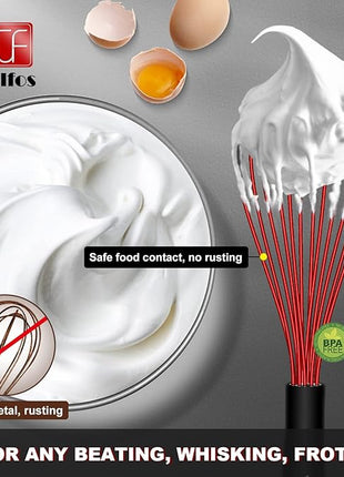 Walfos Whisk,Silicone Whisks- Heat Resistant（480°F） Silicone Whisks for Cooking Non Scratch,BPA free and Dishwasher Safe.Perfect for Blending,Whisking,Beating, Set of 3(Red)
