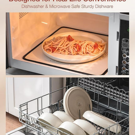 Famiware Milkyway Stoneware Dinnerware Sets with Mugs, Service for 4 (16 Pieces), Reactive Glaze Plates and Bowls Sets, Microwave and Dishwasher Safe Dishes Set, Matte Beige White