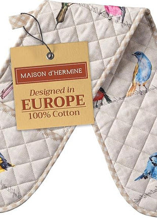 Maison d' Hermine Double Oven Mitts 100% Cotton 7"x35" Double Oven Mitt Heat Resistant BBQ Cooking Gloves with Loop, Baking, Grilling, Home, Kitchen, Handling Hot Pans Spring Summer (Birdies On Wire)