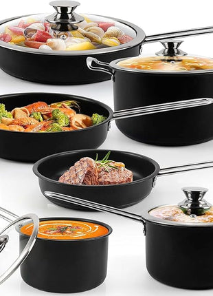 Stainless Steel pots and pans set, 10 Piece Nonstick Kitchen Induction Cookware Set,Works with Induction/Electric and Gas Cooktops, Nonstick, Dishwasher, Black