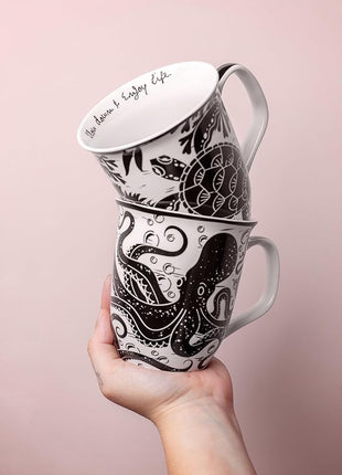 Karma Gifts 14 oz Black and White Boho Mug Celestial - Cute Coffee and Tea Mug - Ceramic Coffee Mugs for Women and Men