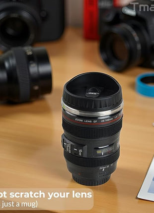 Camera Lens Coffee Mug with Slider Lid – Realistic DSLR Thermos Cup, Novelty Gift for Photographers, Coffee Lovers, Men & Women