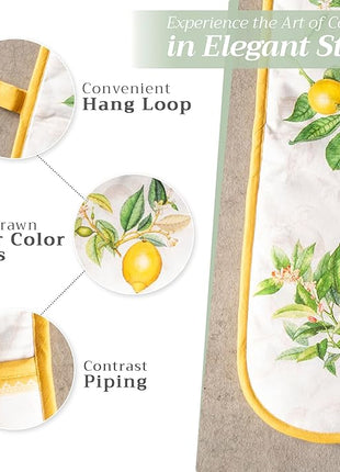 Maison d' Hermine Double Oven Mitts 100% Cotton 7"x35" Double Oven Mitt Heat Resistant BBQ Cooking Gloves with Loop, Baking, Grilling, Home, Kitchen, Handling Hot Pans Spring Summer (Limoncello)