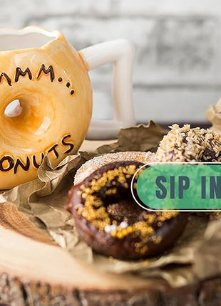 Ceramic Donut Cup – Chocolate Glaze with Sprinkles – Funny “MMM... Donuts!” Quote – Best Cup for Coffee, Tea & More – Large 14 oz – Brown