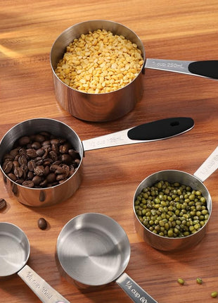 Joyhill Stainless Steel Measuring Cups and Spoons Set of 10 Piece, Nesting Metal Measuring Cups Set with Soft Touch Silicone Handles for Dry and Liquid Ingredients, Cooking & Baking (Black)