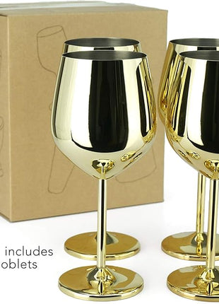 PG Set of 4 Stainless Steel Wine Glass - 18.5oz Gold Wine Glasses - Unbreakable Wine Glasses - Stem Metal Wine Goblets