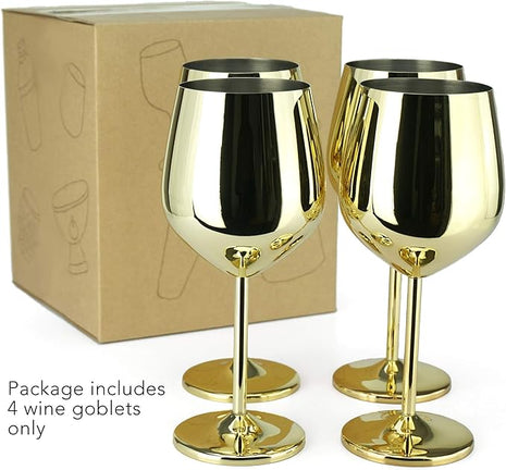 PG Set of 4 Stainless Steel Wine Glass - 18.5oz Gold Wine Glasses - Unbreakable Wine Glasses - Stem Metal Wine Goblets