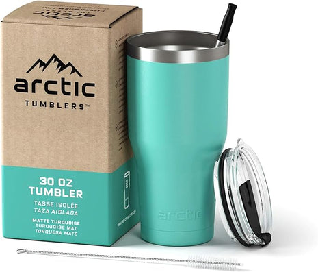 Arctic Tumblers | 30 oz Matte Turquoise Insulated Tumbler with Straw & Cleaner - Retains Temperature up to 24hrs - Non-Spill Splash Proof Lid