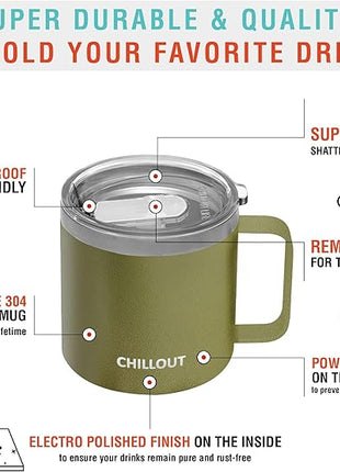 CHILLOUT LIFE Stainless Steel 16 oz (Set of 2) Vacuum Insulated Coffee Mug with Handle and Lid, Large Thermal Camping Coffee Mugs with Sliding Lid for Men & Women