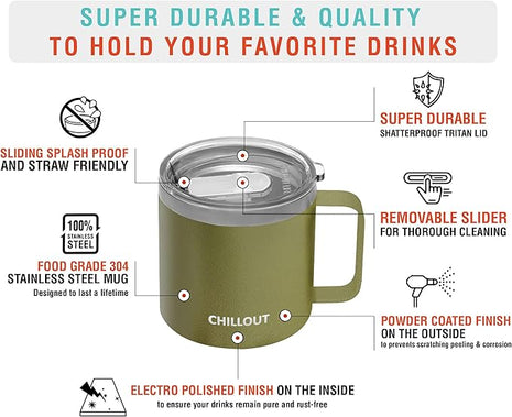 CHILLOUT LIFE Stainless Steel 16 oz (Set of 2) Vacuum Insulated Coffee Mug with Handle and Lid, Large Thermal Camping Coffee Mugs with Sliding Lid for Men & Women