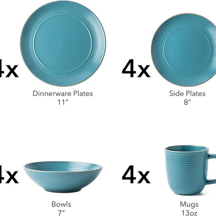 RINGAR Round Stoneware 16pc Dinnerware Set of 4, Dinner Plates, Side Plates, Cereal Bowls, Mugs - Speckle Matte Turquoise (428693)