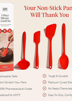 GIR: Get It Right 5-Piece Silicone Essentials Kitchen Utensils Set - Ladle, Spatula, Flip, Spoon & Spoonula - Non-Toxic Cooking Utensils for Nonstick Cookware, Cooking and Baking - Fire Red