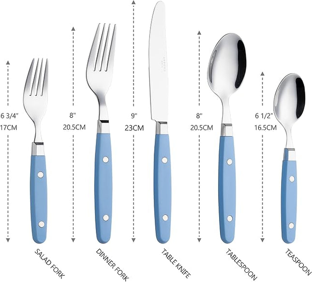 ANNOVA Silverware Set, Retro/Rivet Colorful Stainless Steel Tableware Kitchen Flatware Set Utensils, Includes Dinner Knives, Forks, Spoons, Salad Forks & Dessert Spoons (Light Blue, 20 Pieces)