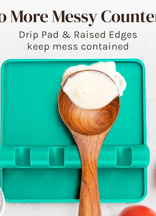 Aqua Green Silicone Spoon Rest for Stove Top with Drip Pad (Two Pack) - Heat-Resistant, BPA-Free Utensil Rest & Spoon Holder for Kitchen Counter - Grill Utensil Holder for Spatulas, Tongs, Ladles