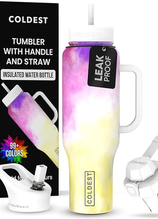 Coldest Tumbler with Handle and Straw, 100% Leak Proof Insulated Tumbler with Lid and Straw (3 Lids), Stainless Steel Tumblers for Women & Men, Cup Holder Friendly, 46 oz (Clouds of Tie Dye)