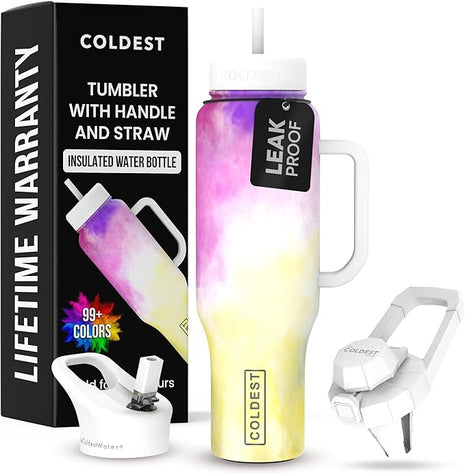 Coldest Tumbler with Handle and Straw, 100% Leak Proof Insulated Tumbler with Lid and Straw (3 Lids), Stainless Steel Tumblers for Women & Men, Cup Holder Friendly, 46 oz (Clouds of Tie Dye)