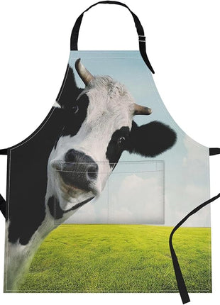 Britimes Apron Home Kitchen Waterproof Cooking Baking Gardening for Women Men With Pockets Funny Cow On Green Grassland 32x28 inch