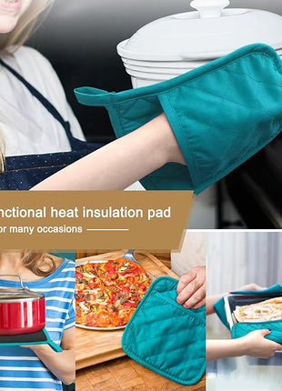 Cotton and Neoprene Oven Pads Pot Holders with Pocket 8"x8.5" Dual-Function Hot Pad Set for Finger Hand Wrist Protection Heat Resistant to 428°F Teal