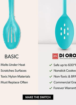 DI ORO Silicone Cooking Spoons - Large Mixing, Serving & Stirring - 600F Heat-Resistant Non-Stick - Big Solid & Slotted Basting Spoons - Dishwasher Safe (2pc, Teal)