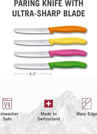 Victorinox Swiss Classic Paring Knife Set - Superior Kitchen Knives for Cutting Fruit, Vegetables & More - Cooking Knives for Kitchen Accessories - Multicolored 4-Piece Set, Serrated Edge, 4.3"