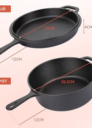 Overmont Cast Iron Dutch Oven with dual use Skillet lid for Oven, Induction, Electric, Grill, Stovetop, (3.2QT Pot, 10.5 inches)