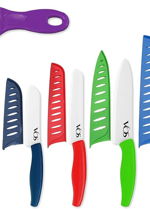 Vos Ceramic Knife with Peeler, Ceramic Knives Set For Kitchen, Ultra Sharp Kitchen Knife Set with Covers, 4"5"6"7"8" Paring, Chef Knife, Santoku & 2 more, Lightweight, Dishwasher safe (Multi-Color)