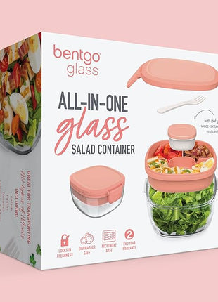 Bentgo Glass All-in-One Salad Container - Large 61-oz Salad Bowl with Lid, 4-Compartment Bento-Style Tray, 3-oz Sauce Container, and Reusable Fork - Dishwasher, Microwave, and Oven Safe (Coral)