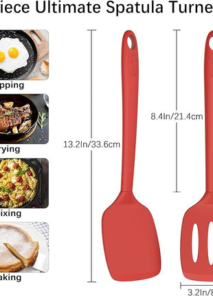 Coukre 2 Pack Silicone Spatula Set, High Heat Resistant, BPA Free Kitchen Spatula, Solid & Slotted Turner for Non-Stick Pans, Sautéing, and Flipping (2, PureRed)