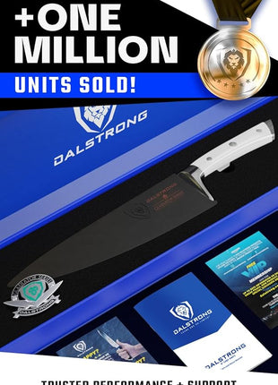 DALSTRONG Chef Knife - 8 inch Blade - Gladiator Series - Forged High Carbon German Steel - Razor Sharp Kitchen Knife - Professional Full Tang Knives - Glacial White Handle ABS - Sheath - NSF Certified