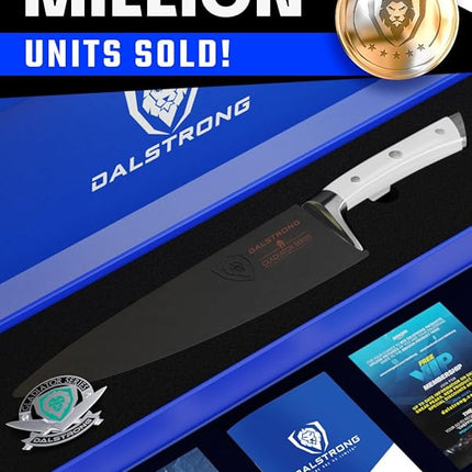 DALSTRONG Chef Knife - 8 inch Blade - Gladiator Series - Forged High Carbon German Steel - Razor Sharp Kitchen Knife - Professional Full Tang Knives - Glacial White Handle ABS - Sheath - NSF Certified