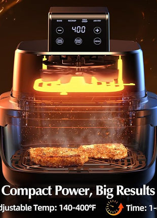 4-in-1 Portable Glass Air Fryer, 140–400°F Precise Heat, Max Crisp Technology, 4.2QT & 1.6QT Dual Containers with Lids, Freezer & Dishwasher Safe, Bake, Recrisp, Air Fry